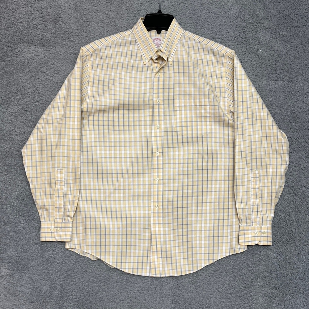 Brooks Brothers Button Down Shirt Mens M Yellow Excellent Plaid Non-Iron Cotton